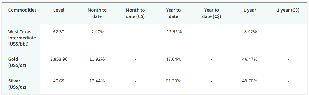 Table showing the rising price of gold and silver commodities
